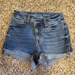 American Eagle Outfitters Distressed Blue Denim Roll-Cuff Shorts